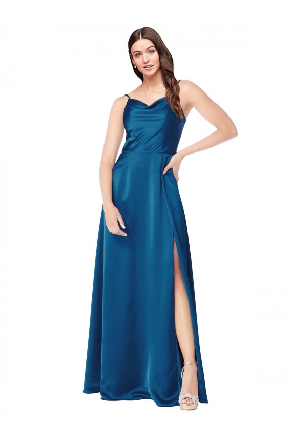 Best Silky Satin Low Back Long Spaghetti Straps Peacock Blue A-Line Formal Evening Dress
