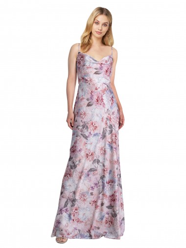 Best Stretch Satin & Floral Long Cowl Neck A-Line Formal Evening Dress