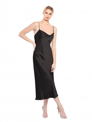 Best Stretch Satin Low Back Midi Length Spaghetti Straps A-Line Formal Evening Dress