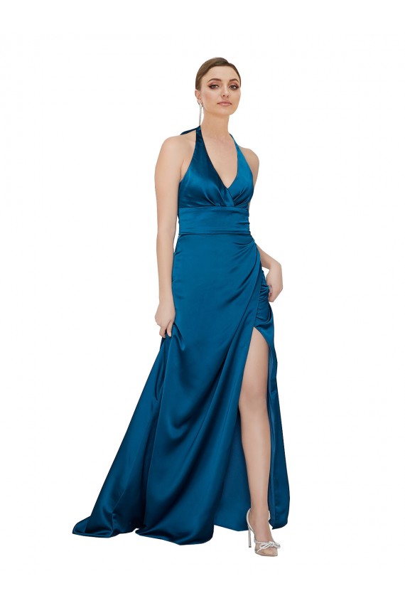 Best Silky Satin Open Back Long Halter Neck Peacock Blue A-Line Formal Evening Dress