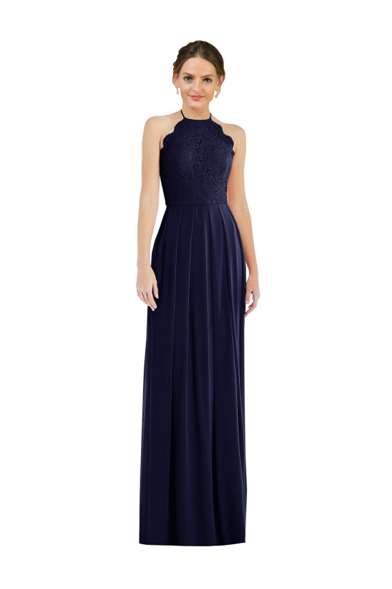 Best Soft Chiffon Open Back Long Halter Neck Dark Navy A-Line Semi Formal Evening Dress