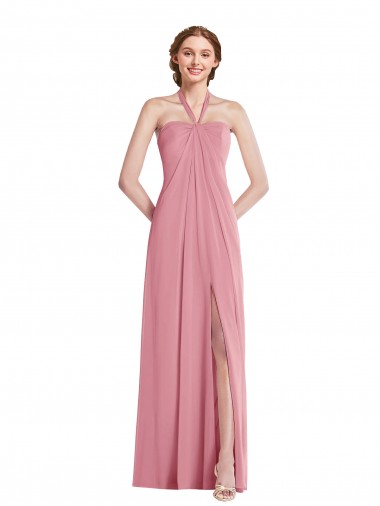 Best Soft Chiffon Open Back Long Halter Neck Skin Pink A-Line Semi Formal Evening Dress