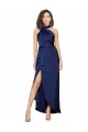Best Silky Satin Long Halter Neck Sapphire A-Line High Low Evening Dress