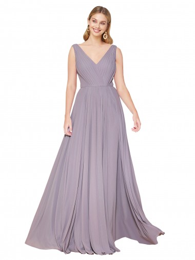 Best Soft Chiffon V-Back Long V-Neck Dusty Rose A-Line Formal Evening Dress