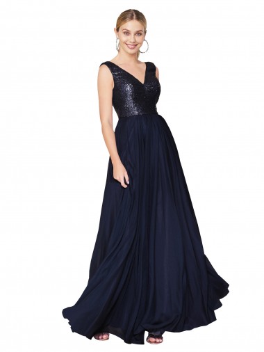 Best Soft Chiffon & Sequin V-Back Long V-Neck A-Line Semi Formal Evening Dress