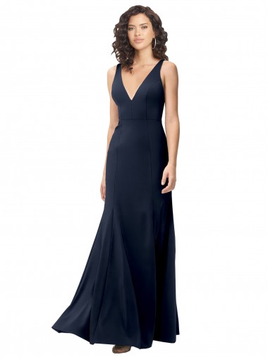 Best Stretch Crepe V-Back Long V-Neck Dark Navy A-Line Formal Dress