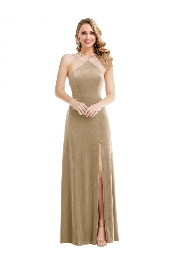 Best Stretch Velvet Open Back Long Halter Neck A-Line Semi Formal Evening Dress