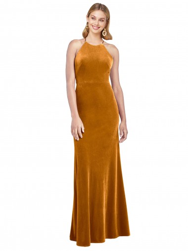 Best Stretch Velvet Criss Cross Open Back Long Halter Neck A-Line Formal Evening Dress