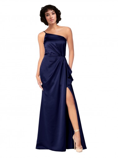 Best Silky Satin Long One Shoulder A-Line Black Tie Evening Dress