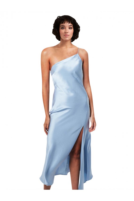Best Silky Satin Midi Length One Shoulder A-Line Formal Evening Dress