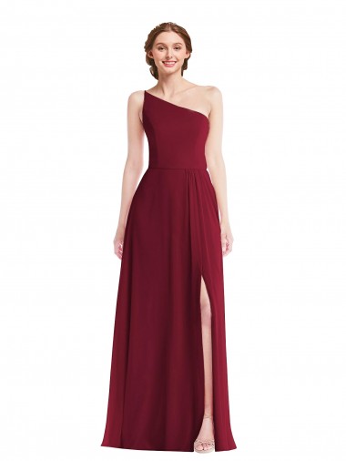 Best Soft Chiffon Long One Shoulder Burgundy A-Line Semi Formal Evening Dress