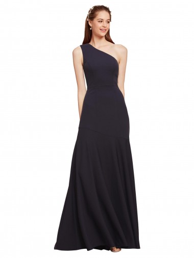 Best Stretch Crepe Long One Shoulder Dark Navy A-Line Formal Evening Dress