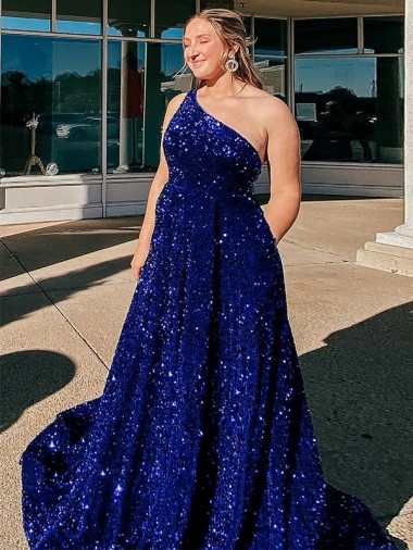 Best Velvet Sequin Sweep Train One Shoulder A-Line Evening Dress