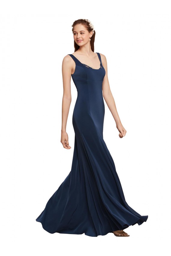 Best Stretch Crepe Low Back Long Round Neck A-Line Evening Dress