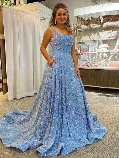 Best Velvet Sequin Court Train Scoop Neck A-Line Evening Dress