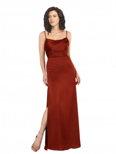 Best Silky Satin Low Back Long Spaghetti Straps Red A-Line Formal Evening Dress