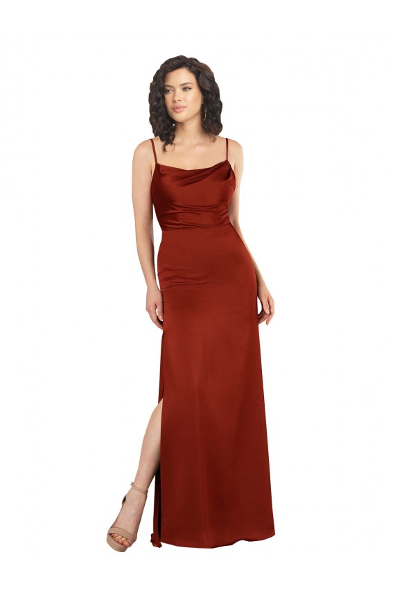 Best Silky Satin Low Back Long Spaghetti Straps Red A-Line Formal Evening Dress