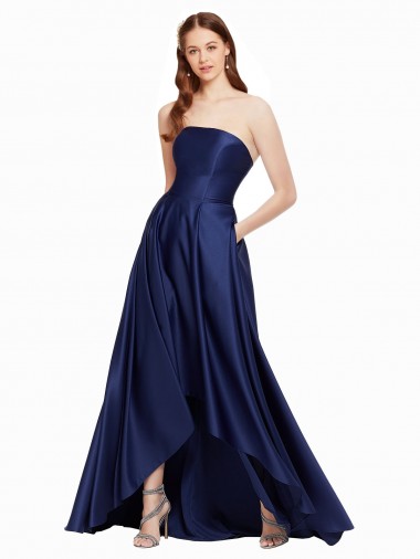 Best Satin Low Back Long Strapless A-Line High Low Evening Dress