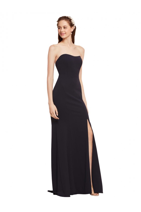 Best Stretch Crepe Low Back Long Strapless Dark Navy A-Line Formal Evening Dress