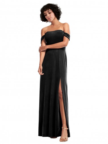 Best Stretch Velvet Long Off the Shoulder Black A-Line Formal Evening Dress