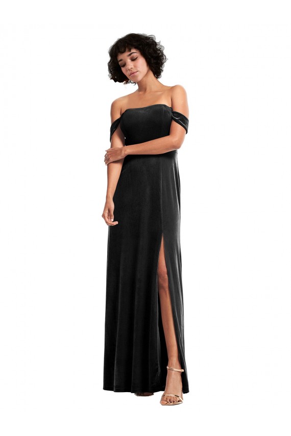 Best Stretch Velvet Long Off the Shoulder Black A-Line Formal Evening Dress