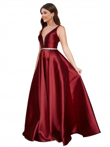 Best Satin V-Back Long V-Neck A-Line Plus Size Formal Evening Dress