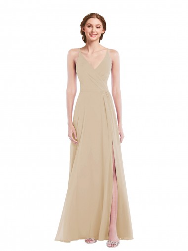 Best Soft Chiffon Criss Cross Back Long V-Neck A-Line Semi Formal Evening Dress