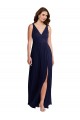 Best Soft Chiffon V-Back Long V-Neck Dark Navy A-Line Black Tie Evening Dress