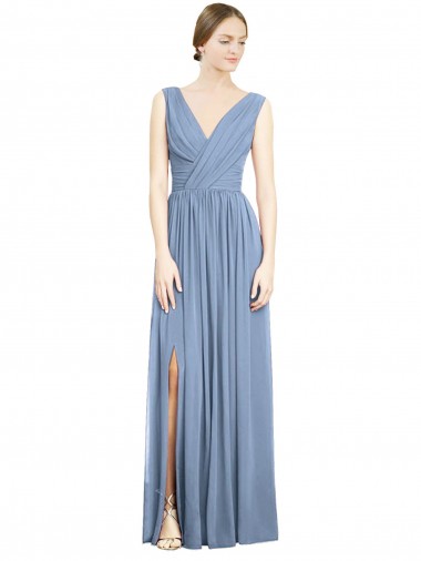 Best Soft Chiffon Long V-Neck Dusty Blue A-Line Semi Formal Evening Dress