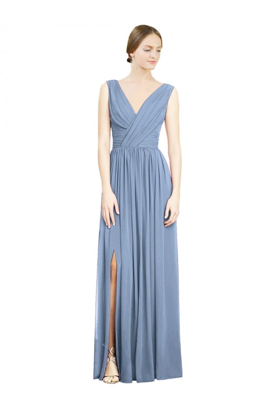 Best Soft Chiffon Long V-Neck Dusty Blue A-Line Semi Formal Evening Dress