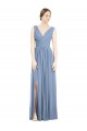 Best Soft Chiffon Long V-Neck Dusty Blue A-Line Semi Formal Evening Dress