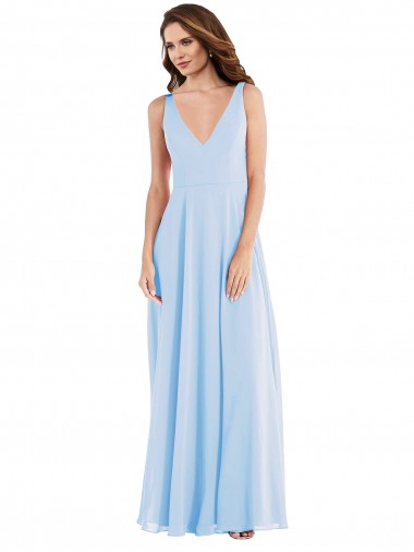 Best Soft Chiffon Long V-Neck Light Sky Blue A-Line Semi Formal Evening Dress