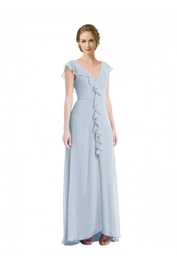 Best Soft Chiffon V-Back Long V-Neck Sea Glass A-Line Black Tie Evening Dress