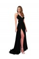 Best Spandex Open Back Long V-Neck A-Line Black Tie Evening Dress