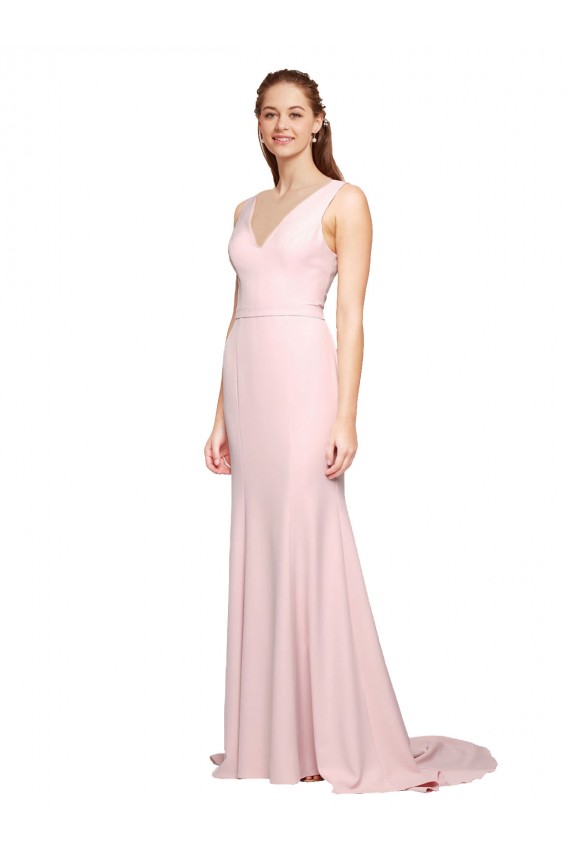 Best Stretch Crepe V-Back Sweep Train V-Neck A-Line Black Tie Evening Dress