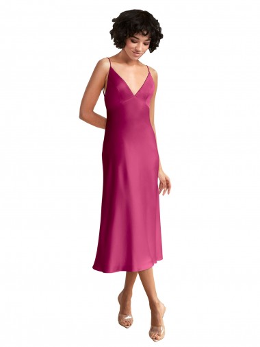 Best Stretch Satin Low Back Midi Length V-Neck A-Line Formal Evening Dress