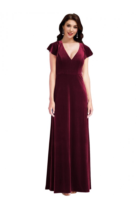 Best Stretch Velvet Long V-Neck A-Line Semi Formal Evening Dress