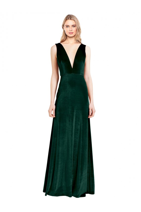Best Stretch Velvet V-Back Long V-Neck A-Line Evening Dress