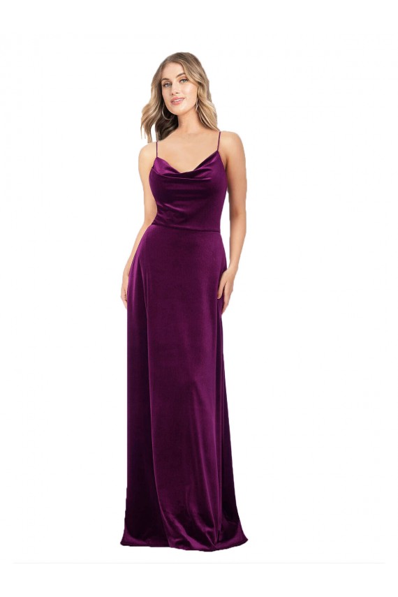 Best Stretch Velvet Criss Cross Back Long Scoop Neck A-Line Formal Evening Dress