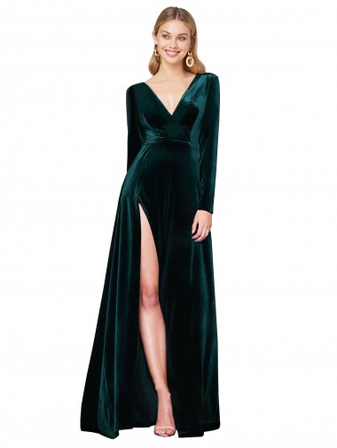 Best Stretch Velvet Sweep Train V-Neck A-Line Black Tie Evening Dress