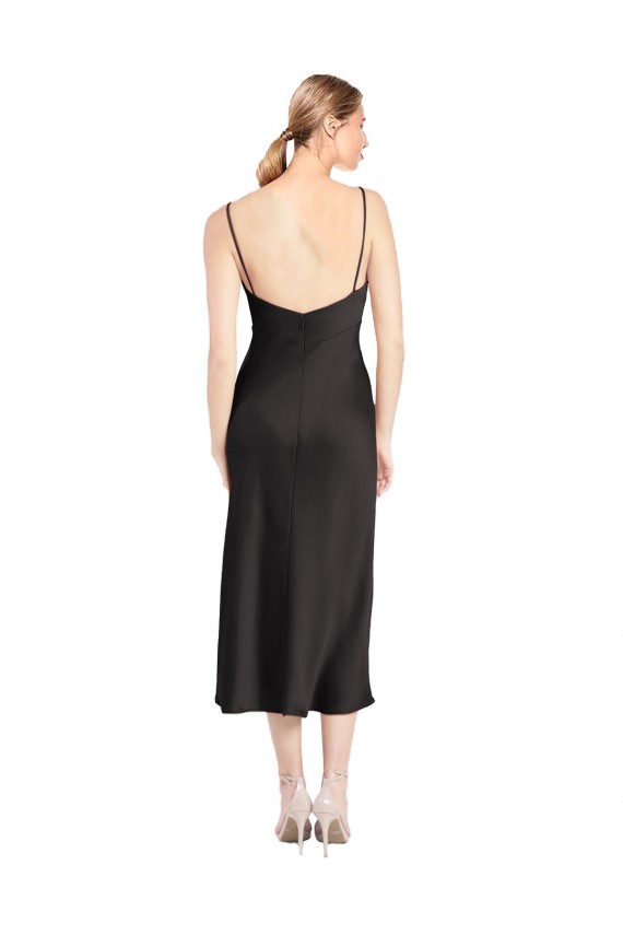 Best Stretch Satin Low Back Midi Length Spaghetti Straps A-Line Formal Evening Dress