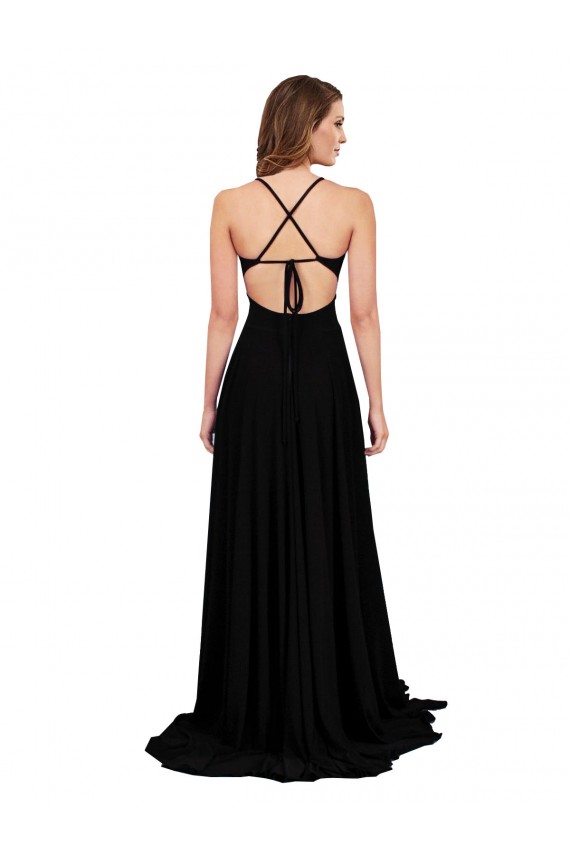 Best Spandex Open Back Long V-Neck A-Line Black Tie Evening Dress