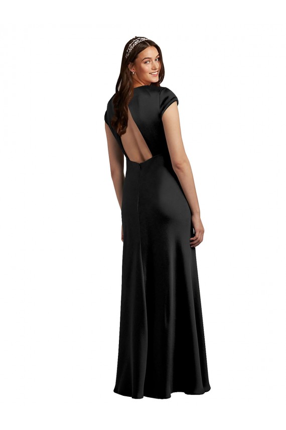 Best Stretch Satin Keyhole Back Long V-Neck A-Line Formal Evening Dress