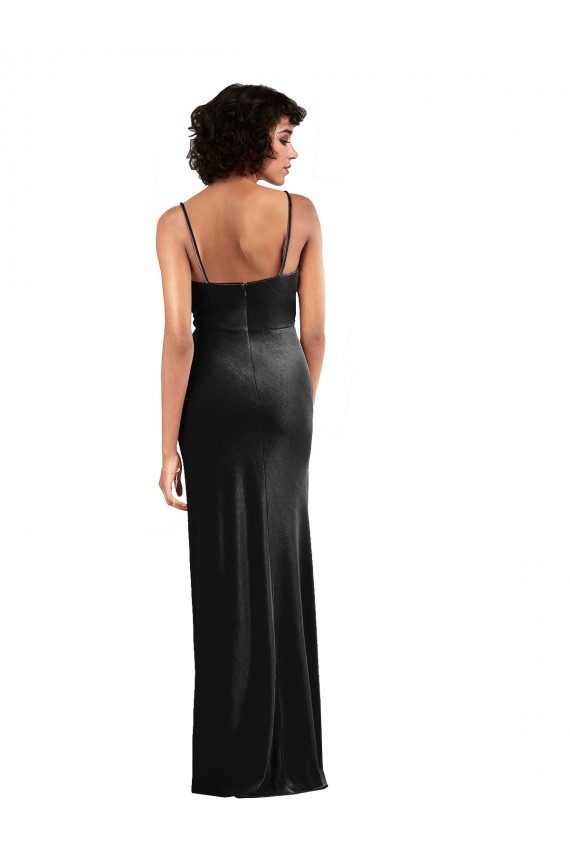Best Stretch Velvet Low Back Long Cowl Neck Column Black Tie Evening Dress