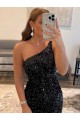 Best Velvet Sequin Short One Shoulder Sheath Evening Gowns