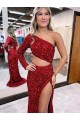 Best Velvet Sequin Long Sleeves One Shoulder Burgundy Mermaid Evening Dress