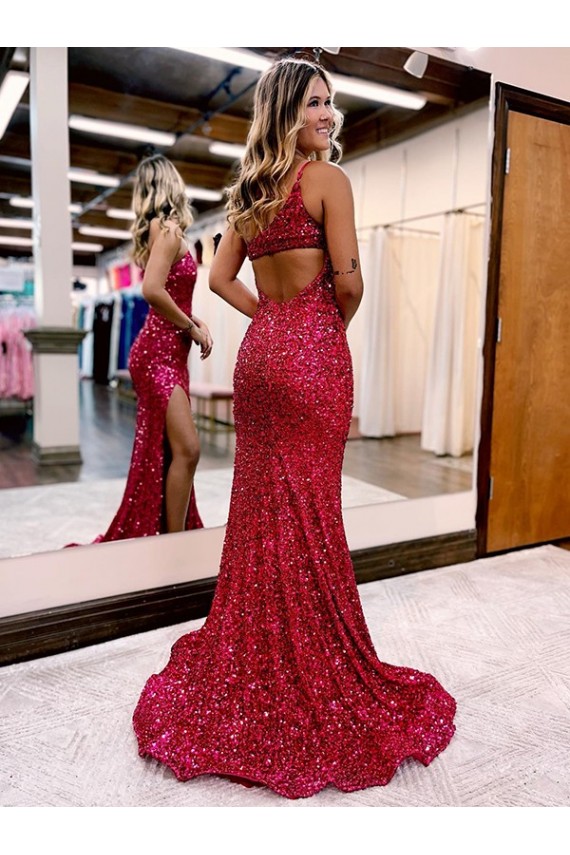Best Velvet Sequin Sweep Train One Shoulder Mermaid Evening Gowns