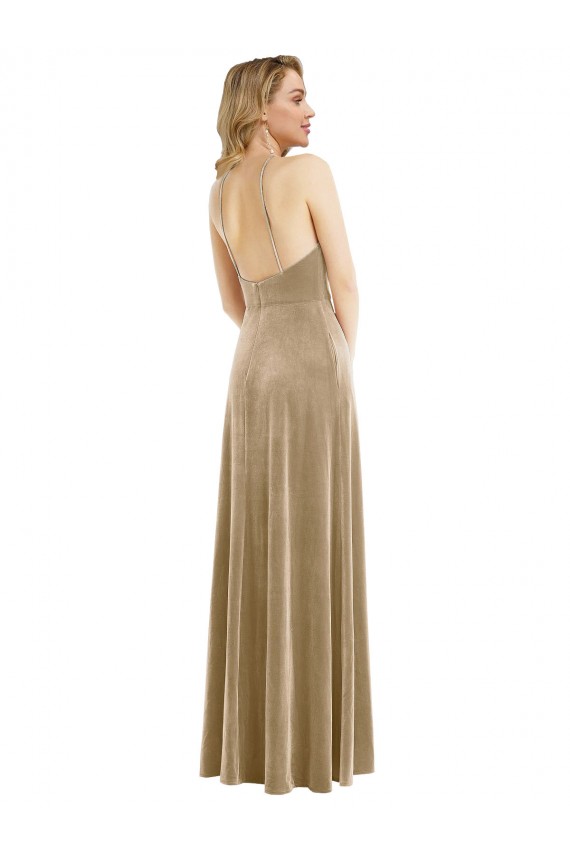 Best Stretch Velvet Open Back Long Halter Neck A-Line Semi Formal Evening Dress