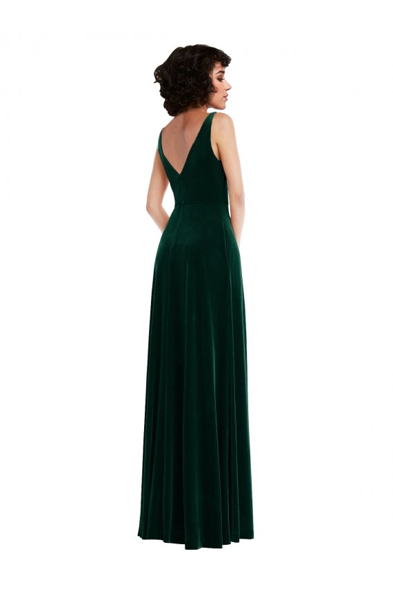 Best Stretch Velvet V-Back Long V-Neck Dark Green A-Line Evening Dress