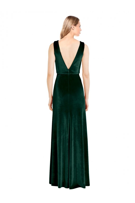 Best Stretch Velvet V-Back Long V-Neck A-Line Evening Dress